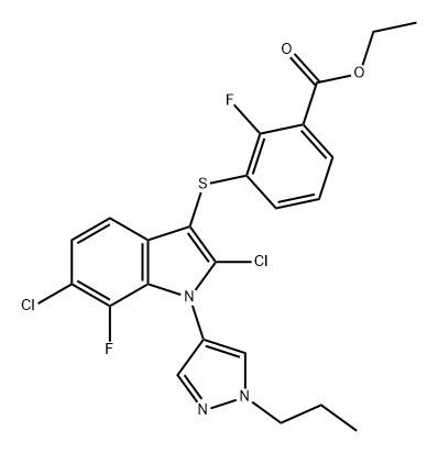 Benzoesyre, 3-[[2,6-dichlor-7-fluor-1-(1-propyl-1H-pyrazol-4-yl )-1H-indol-3-yl]thio]-2-fluor-, ethylester (ACI) CAS-nr.: 1782070-79-4